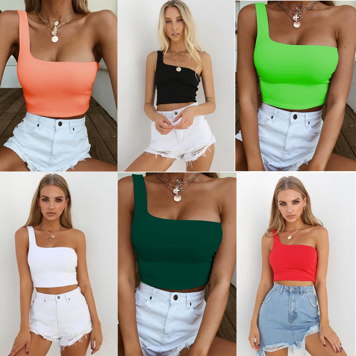 

Europe And The United States 2022 Summer Hot Style Sexy Solid Color One-shoulder Navel-less Sleeveless Slim Top Women's Clothing