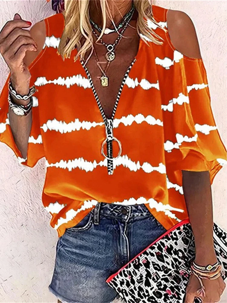 

Fashion Printed Zipper Blouse T-shirts 2022 Floral All Match Blusa Streetwear Elegant Women Hollow Off Shoulder Summer Shirt