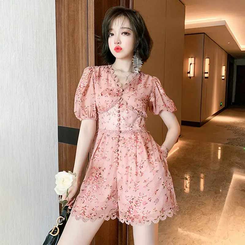 

2022 New Woman Elegant Plus Size Romper Female Summer V-neck Hollow Out Print Romper Lace Up Short Sleeve Overall Clothing A05