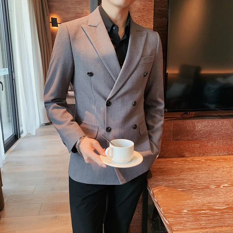 

British Style Men Blazers Double Breasted Casual Suit Jacket Slim Fit Wedding Business Groom Dress Coat Streetwear Costume Homme