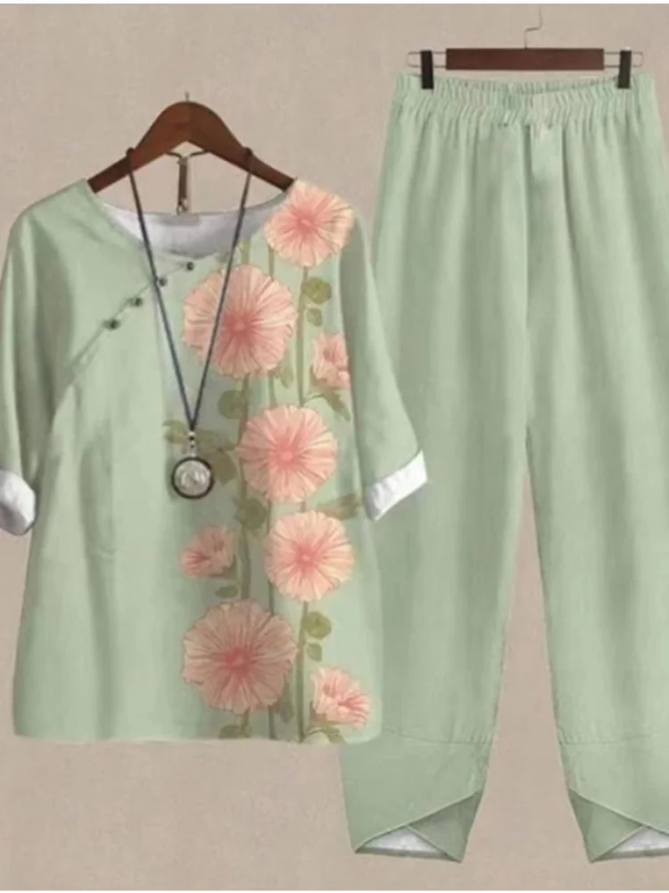 

Summer Elegant Two Piece Sets Women 2023 Casual O Neck Flower Print Loose T Shirt High Waist Loose Pants Suits