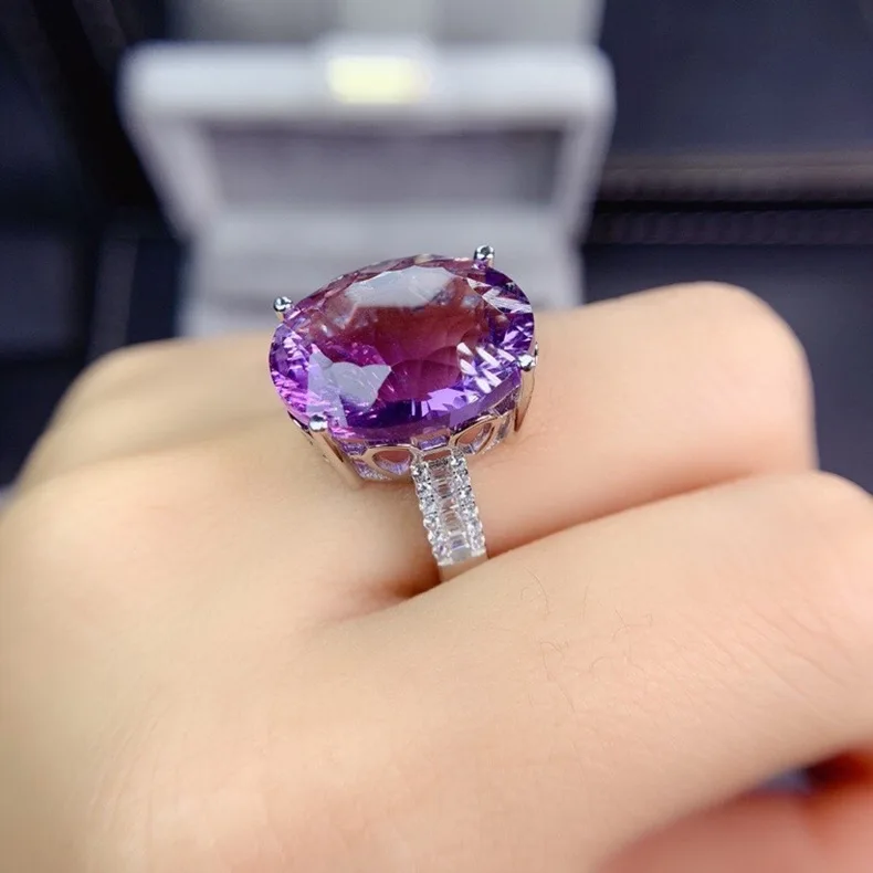 Natural Purple Amethyst Quartz Oval Adjustable Ring Woman Amethyst 14x12mm Clear Bead Cut Faceted Wealthy Stone AAAAA