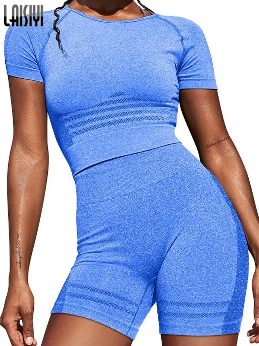 

Women Workout 2PCS Outfit Gym Suits Stretch Crop Top Set High Waist Sport Shorts Skinny Green Sweatsuit Summer Female Tracksuits