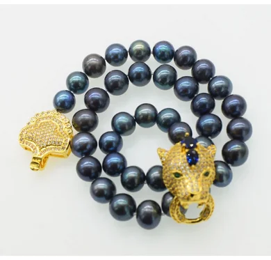 

WOW! freshwater pearl black near round 11-12mm big size leopard clasp necklace 19inch nature handmake wholesale