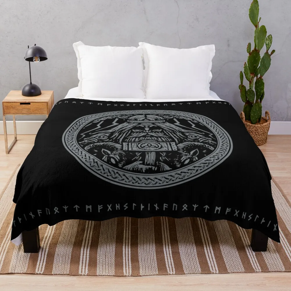 

Odin Medaillon with runes, hammer Mjlnir and ravens Norse Viking Mythology engraved wood style Throw Blanket