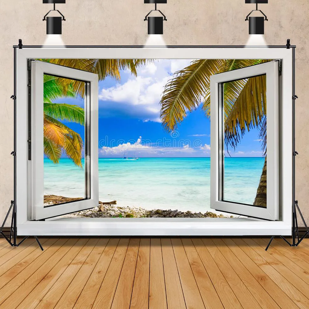 

Vinyl Custom Scenery Outside The Window Photography Backgrounds Props Seaside Tree Landscape Portrait Photo Backdrops CH-04