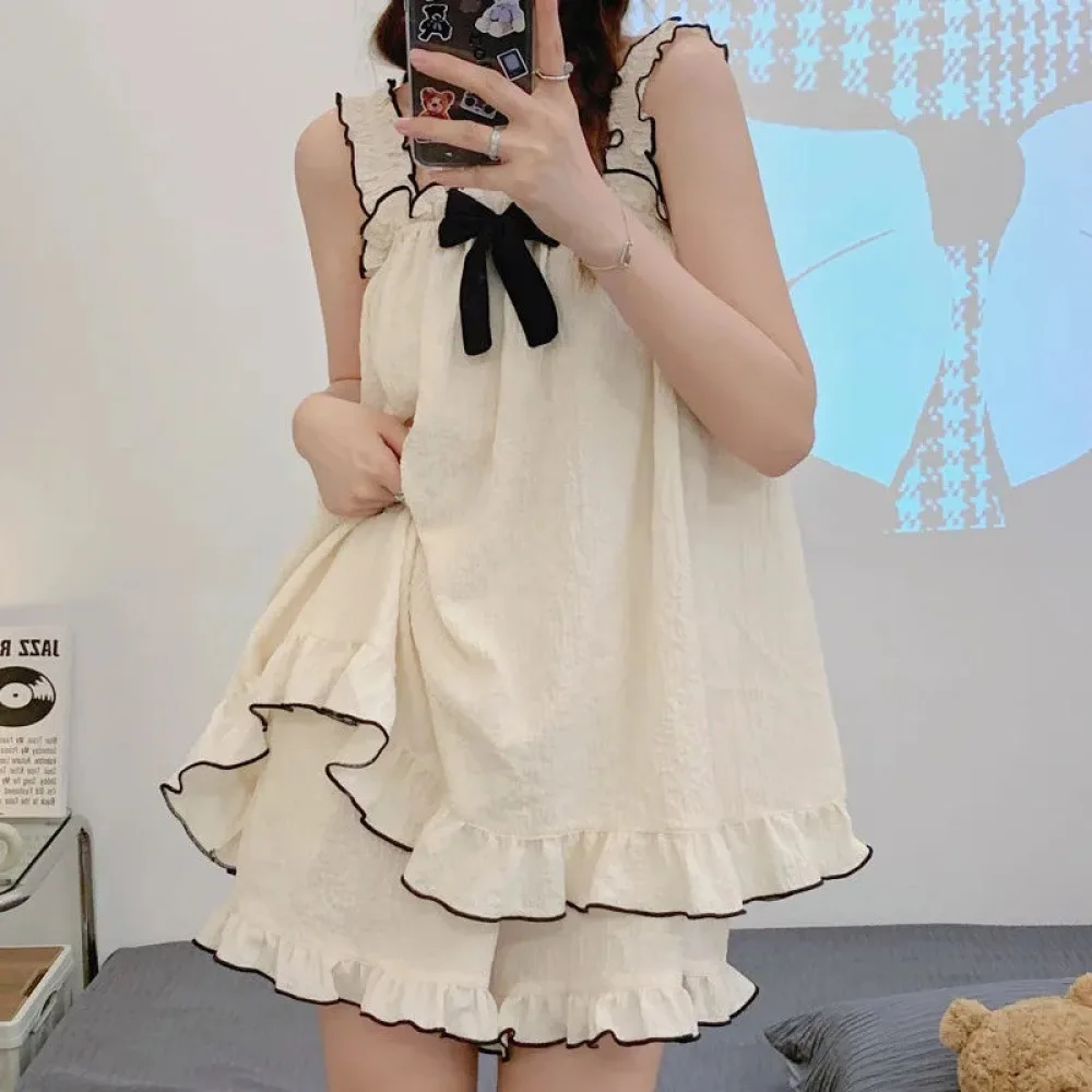 

Women's Pajamas Sets Bow Strap Pyjama Summer Pijama Mujer Pjs Sleepwear Sexy Sleeveless Shorts 2 Piece Casual Homewear Nightwear