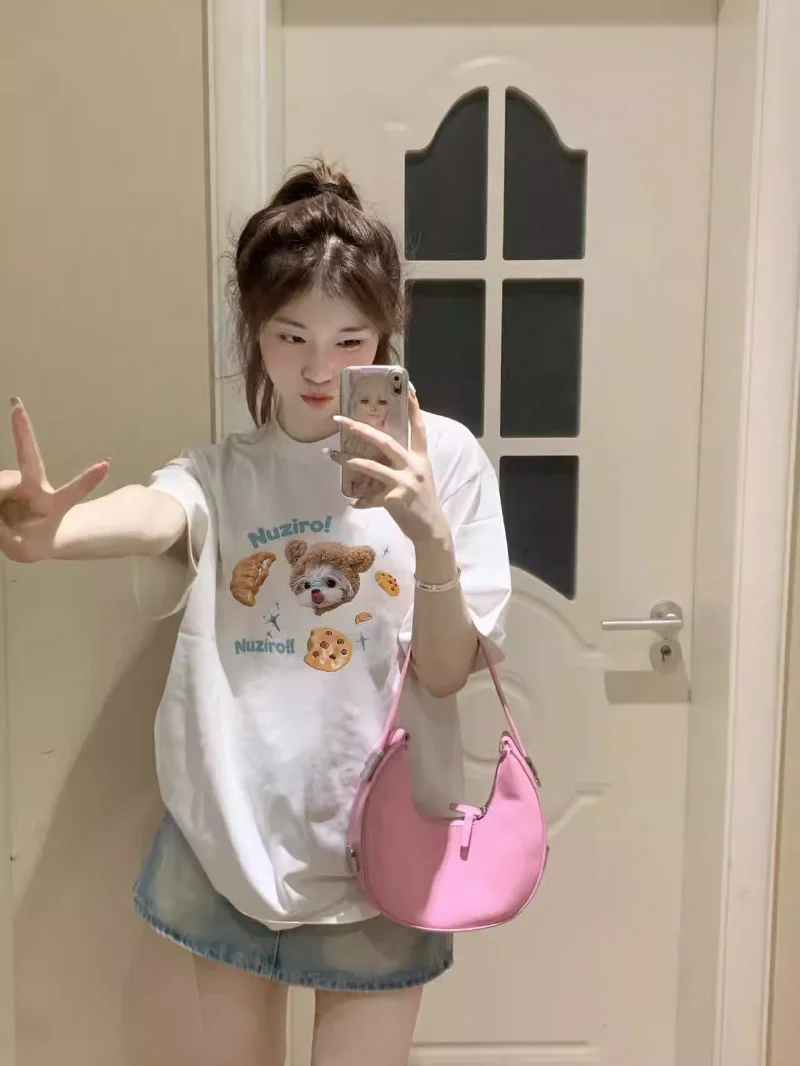 

American Retro Y2k Camisetas Kawaii Dog Print Summer Loose Dopamine Hotsweet Tshirts Women O Neck Tees Fashion Sweet Half Sleeve