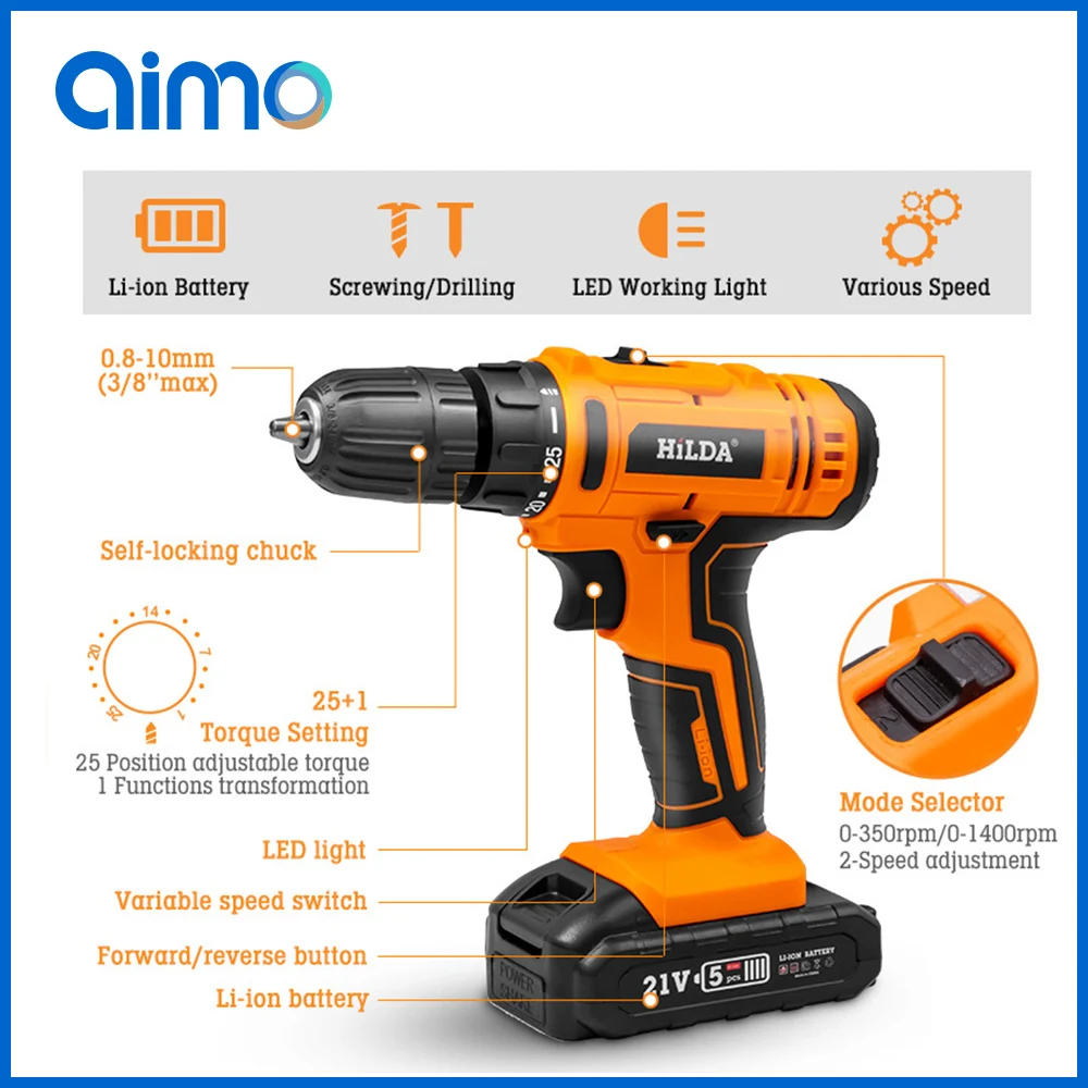 

AIMO New Style 21V Electric Cordless Screwdriver Wireless Impact Drill Mini Lithium Battery Charging Hand Drill drilling tools