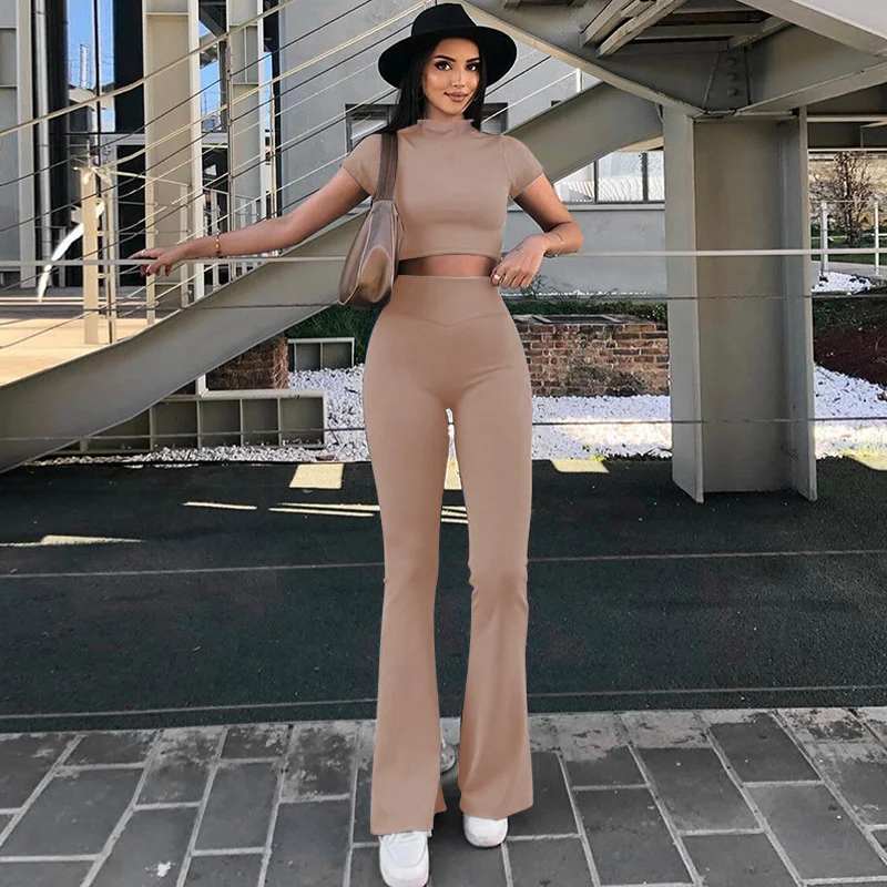 

Zoctuo Women Ribbed Sexy Y2K Clothing 2 Piece Sets Short Sleeve Crop T-shirts High Waist Flare Pants Matching Suit Outfit