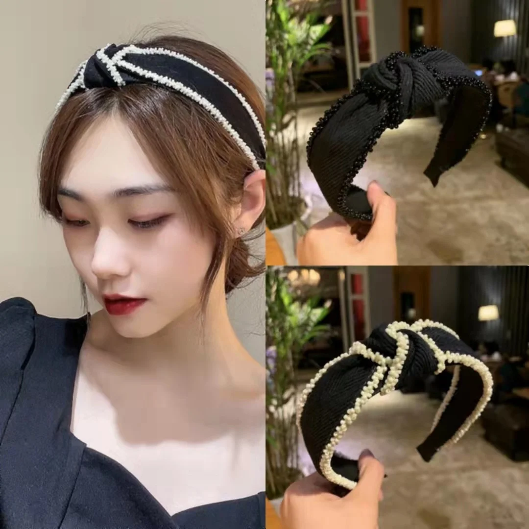 

Autumn and winter new knotted hair hoop women's Beaded pressed hair hoop wide edge Hair cave style adult hair ornament headdress
