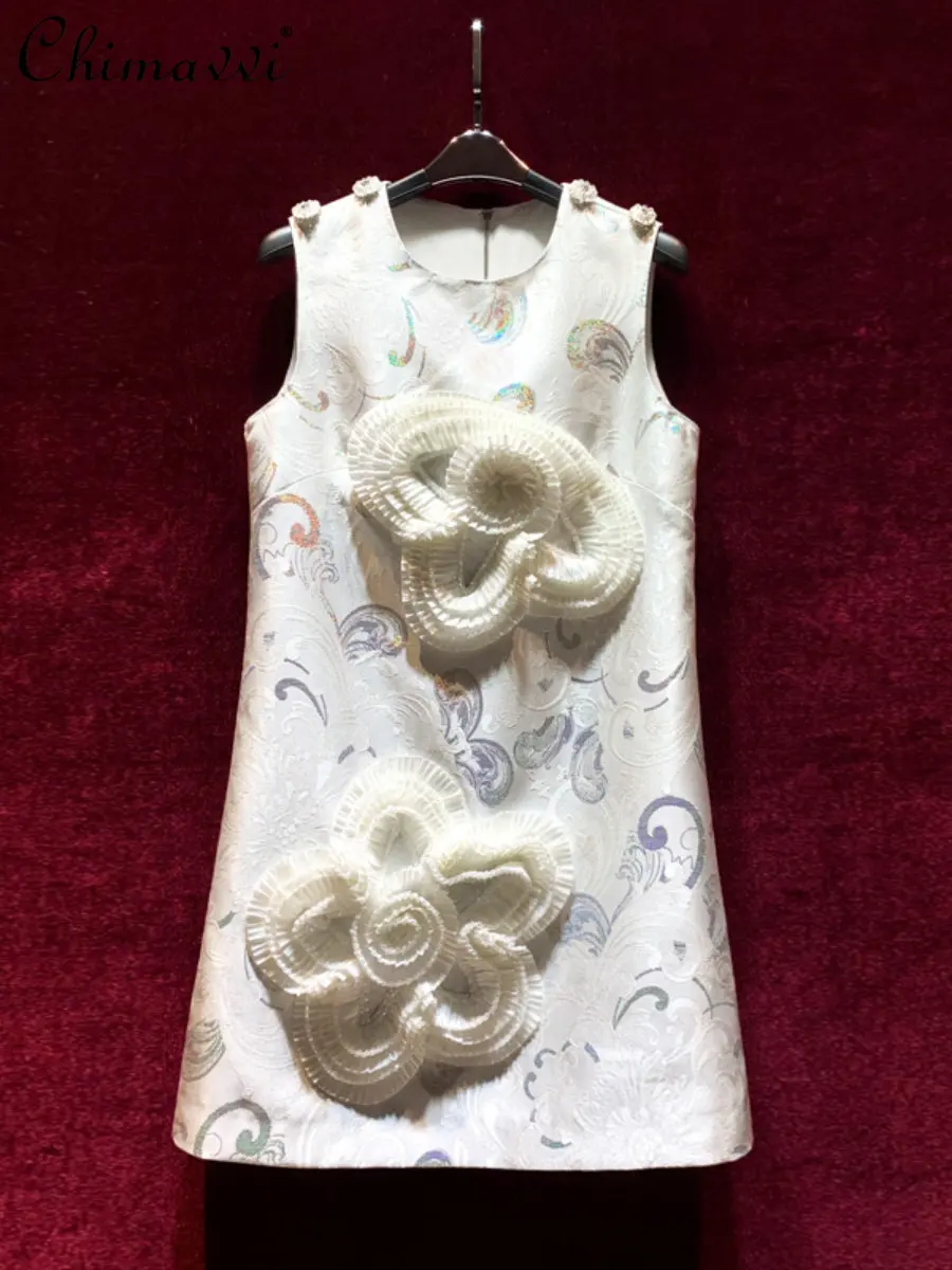 3D Flower Sleeveless A- Line Dress High-End Loose Round Neck Elegant Short Dress Lady 2023 Summer Dresses New Women's Clothing