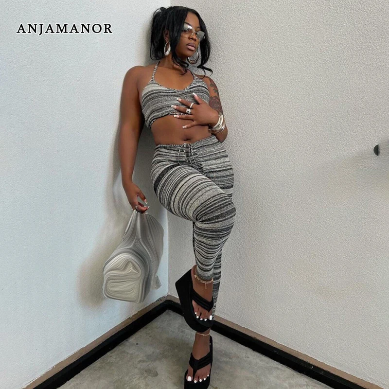 

ANJAMANOR Sporty Sexy Two Piece Sets Striped Print Leggings and Crop Top Matching Sets Club Outfits for Women Fall 2022 D87-CA25