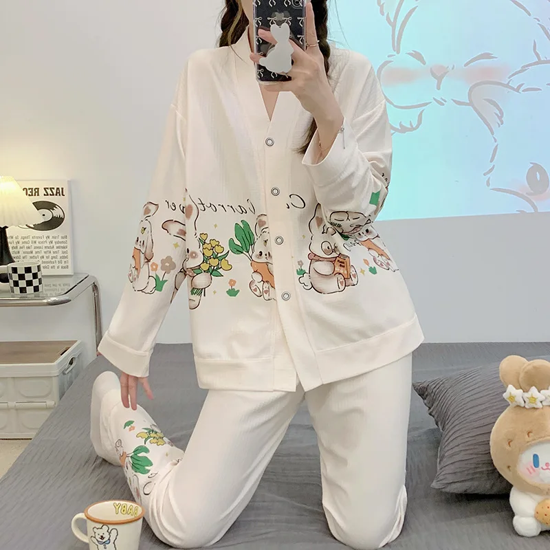 Womens 2 Piece Pajamas Set Long Sleeve Pyjama Autumn Cotton Soft Trousers Suit Femme Pyjamas Set Pjs Mujer Pijama Sleepwear