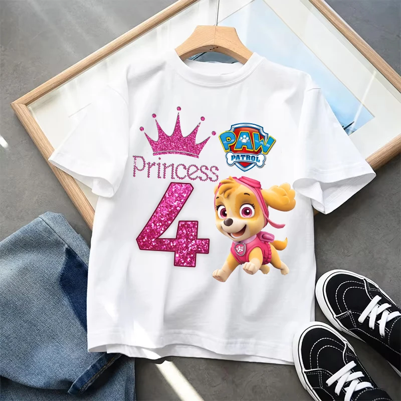 Paw Patrol T-shirts for Children Anime Cute Number Short Sleeved Top Boys Girls Summer Travel Shirt Kids Clothes Birthday Gifts