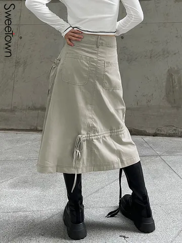 Sweetown Cargo Style Low Waist A Line Mid-Calf Skirts Womens Drawstring Pockets Casual Button Split Vintage Korean Long Skirt