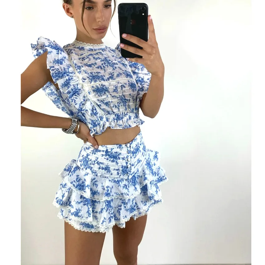 

High Quality 2023 Sunday Set Elastic Waistband Cropped Top with Ruffle Detail and Cute Ruffle Mini Shorts Skirts