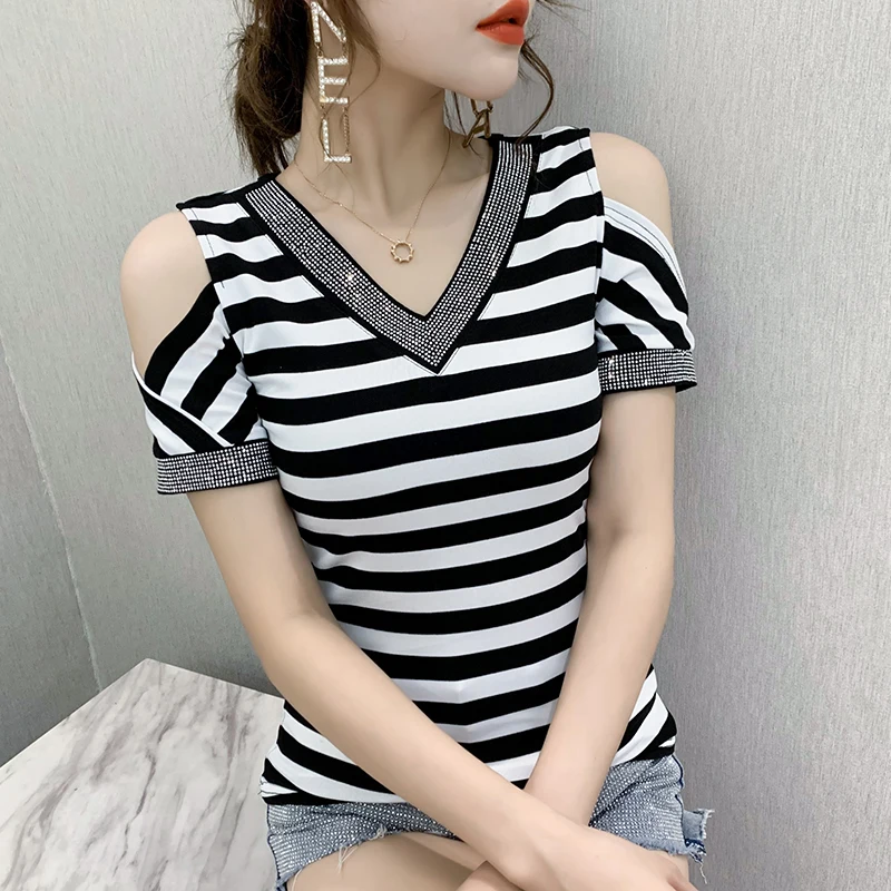 

Summer Korean Clothes New Fashion T-Shirt Sexy Off Shouder Shiny V-Neck Diamonds Women Tops Short Sleeve Elastic Tees
