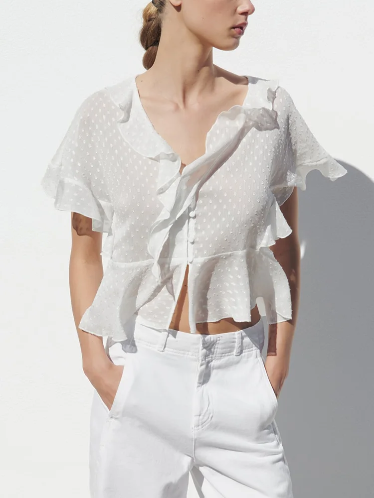 

Блузки для женщин, модная одежда 2023, элегантная белая блузка с оборками и пуговицами, летний шифоновый укороченный топ с v-образным вырезом и коротким рукавом