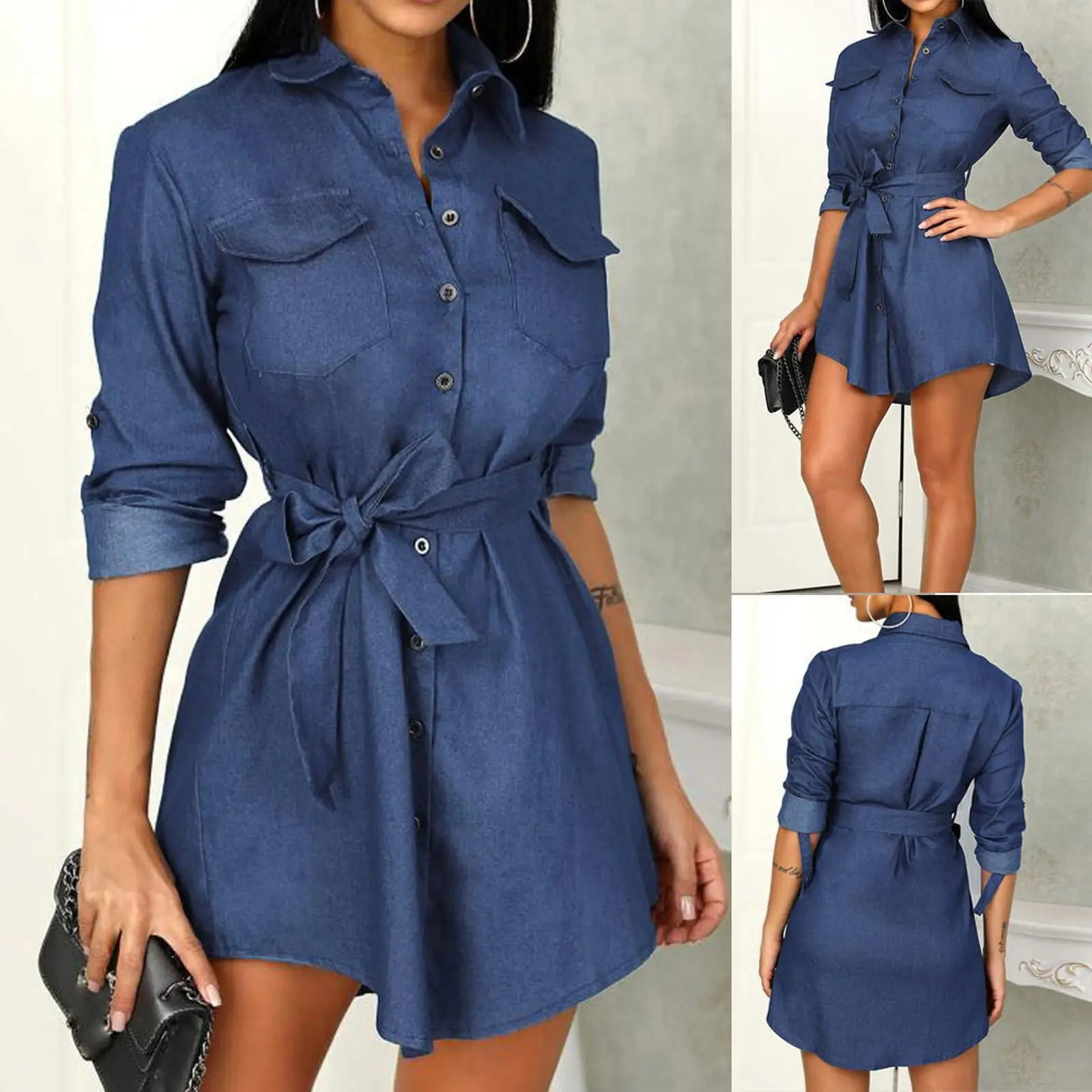 

New Solid Color Lapel Long-sleeved Button Bow Tie Denim Dress Women