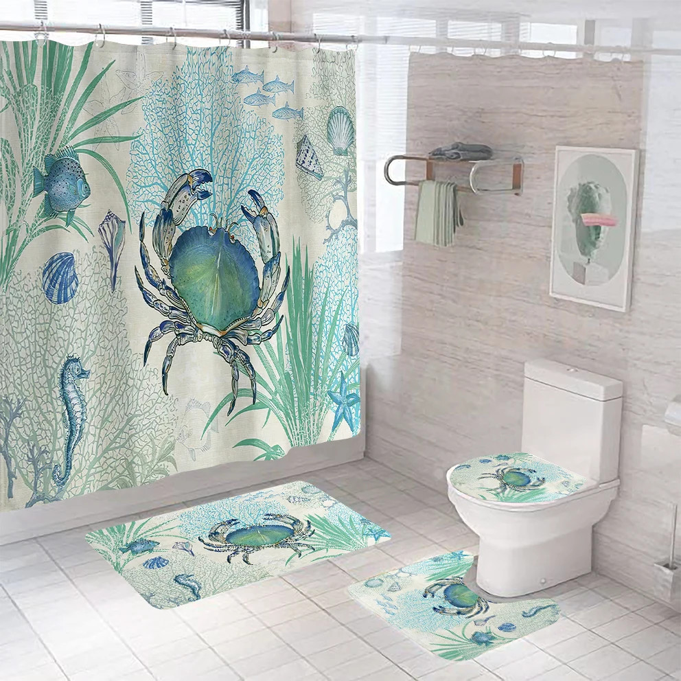 

Under Sea Word Crab Shower Curtain Sets With Rugs Include Non-Slip Rugs Toilet Lid Cover and Bath Mat With Hooks