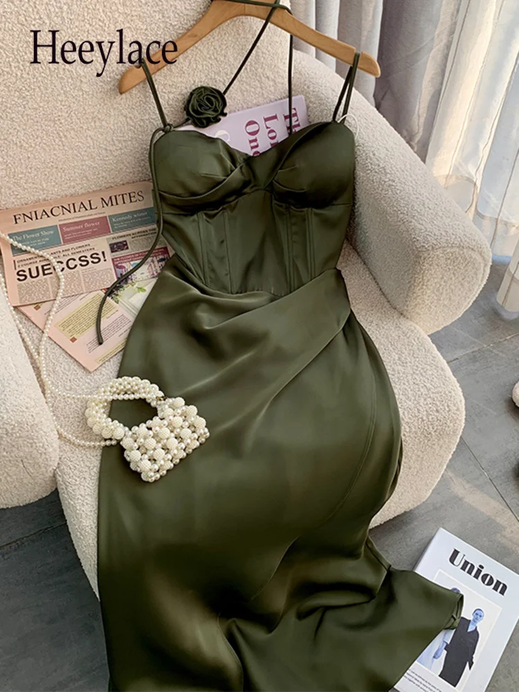 

Summer Satin Dress For Women French Vintage Lace Up Flower Draped Evening Party Dresses Beachwear Holiday Dresses Women Clothing