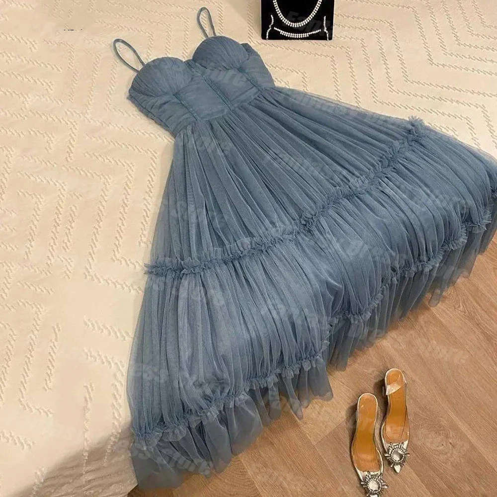 Fantasy Dress Gray Soft Tulle Midi Evening Dresses Tiered Skirt Saudi Arabia Tea-length Prom Dresses Formal Party Gowns 2023
