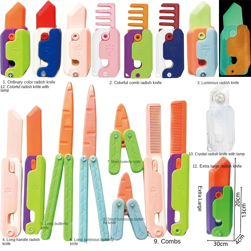 

New 3D Radish Butterfly Knife Straight Jump High-quality Gravity Mini Keychain Children Decompression Push Toy Gift Surprise