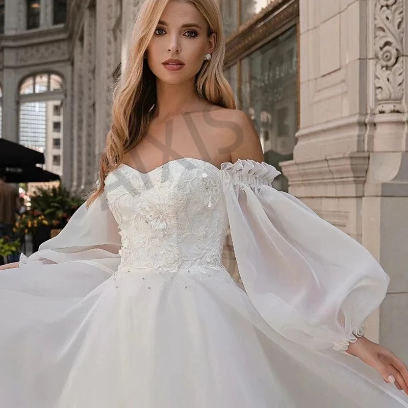 

Fashion Wedding Dresses Sweetheart Puffy Full Sleeve Luxury Bride Gown Organza A-Line Appliques Rhinestones Robe de mariee