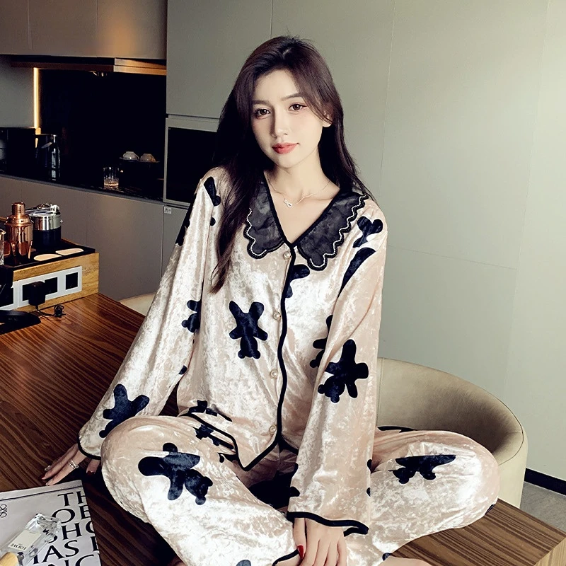 Women's Pajamas Set Velvet Sleepwear Cute Bow Print Lapel Homewear Casual Lace Nightwear Luxury Pyjamas Femme for Girl pajamas