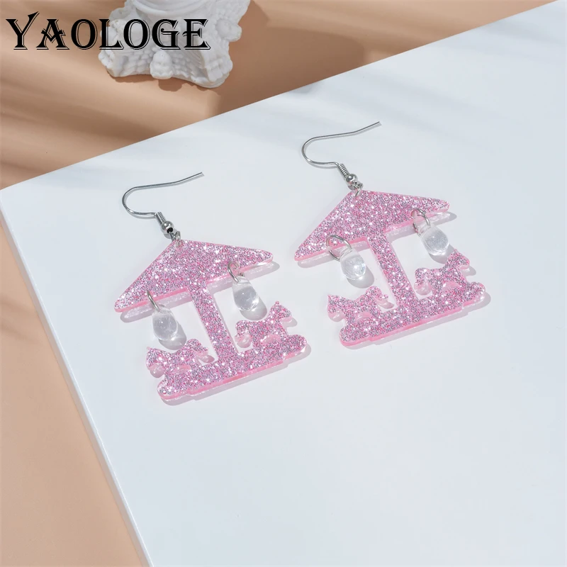 

YAOLOGE Acrylic Creative Sparkling Carousel Drop Earrings For Women Girl New Cartoon Personalities Ear Jewelry Birthday Gift