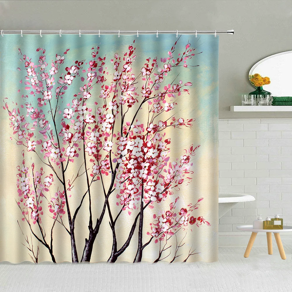 

Floral Shower Curtains Flower Spring Watercolor Aesthetic Pink Blooming Botanical Print Polyester Fabric Bathroom Curtain Set