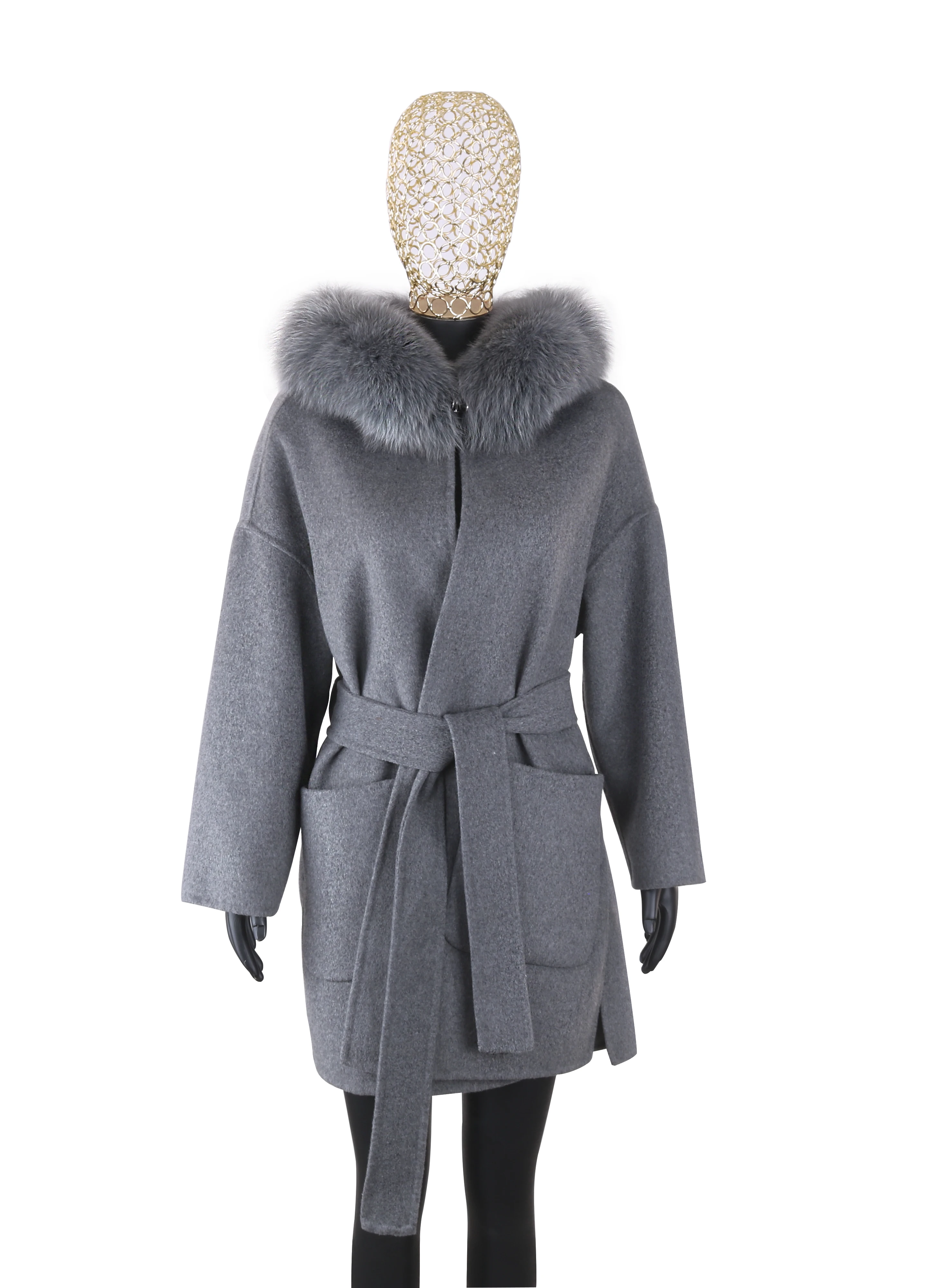 New 2023 Real Fur Coat Winter Jacket Women 100% Natural Fox Fur Collar Cuffs Cashmere Wool Blends Oversize Outerwear