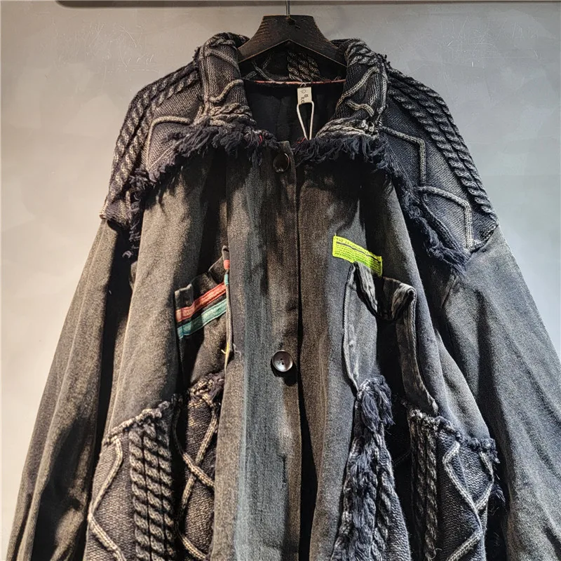 Осень 2024 новый свободный крупнобортный дизайн вязаная стираная джинсовая куртка