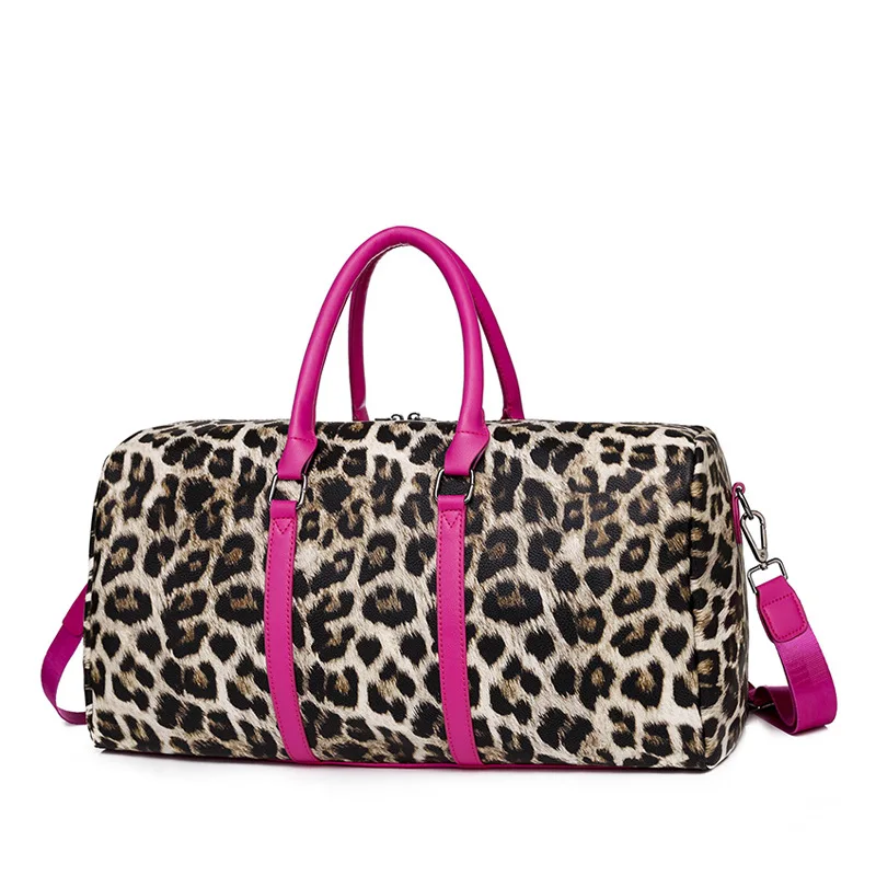 New Fashion Leopard Print Women Duffle Bag Cheetah Animal pattern Travel Handbag for Lady Girl shoulder bag With Hot pink Handle