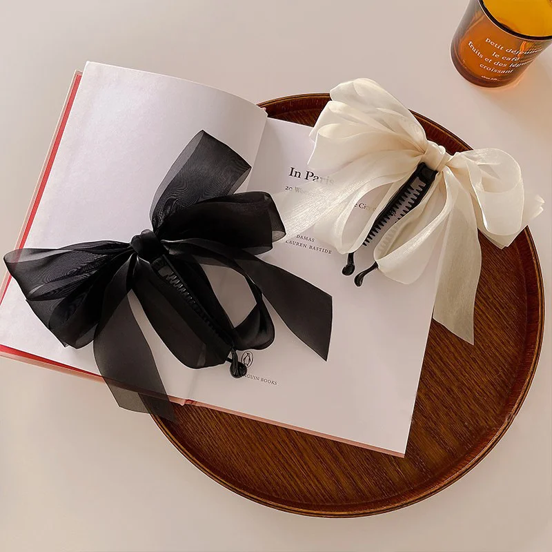 

2pcs Large banana clip vertical clip ponytail clip temperament hairpin chiffon bow grab clip back head clip headgear hair