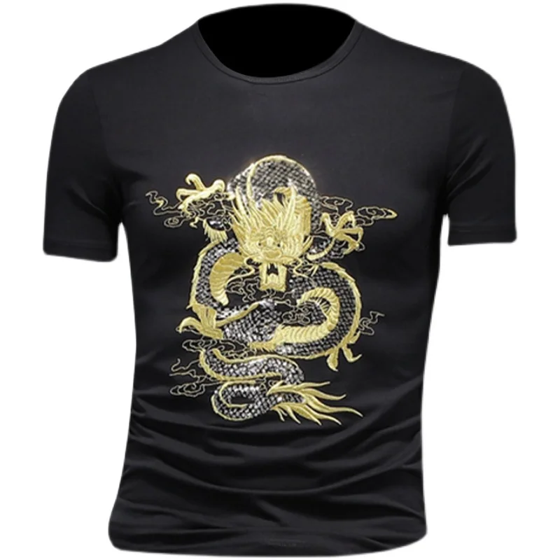 

European and American men's wear summer 2022 new Short sleeve round neck dragon embroidery fashion Slim t-shirts