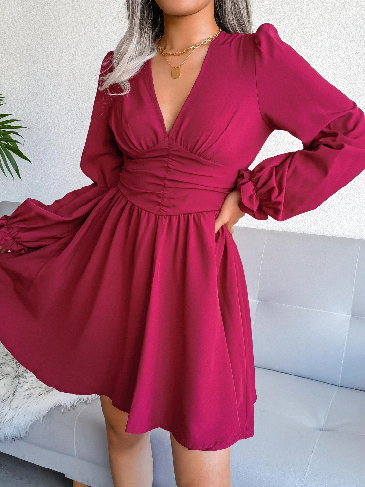 

Elegant Long Sleeves Chiffon Pleated A-line Casual Dress Sexy V-neck Mini Dress High Waist Women Party Vestido Autumn Clothes