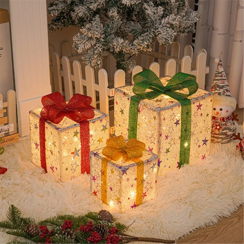 

3 Pcs LED Warm Lights Present Box Ornaments Christmas Lighted Gift Boxes Holiday Glowing Decoration for Indoors Outdoors