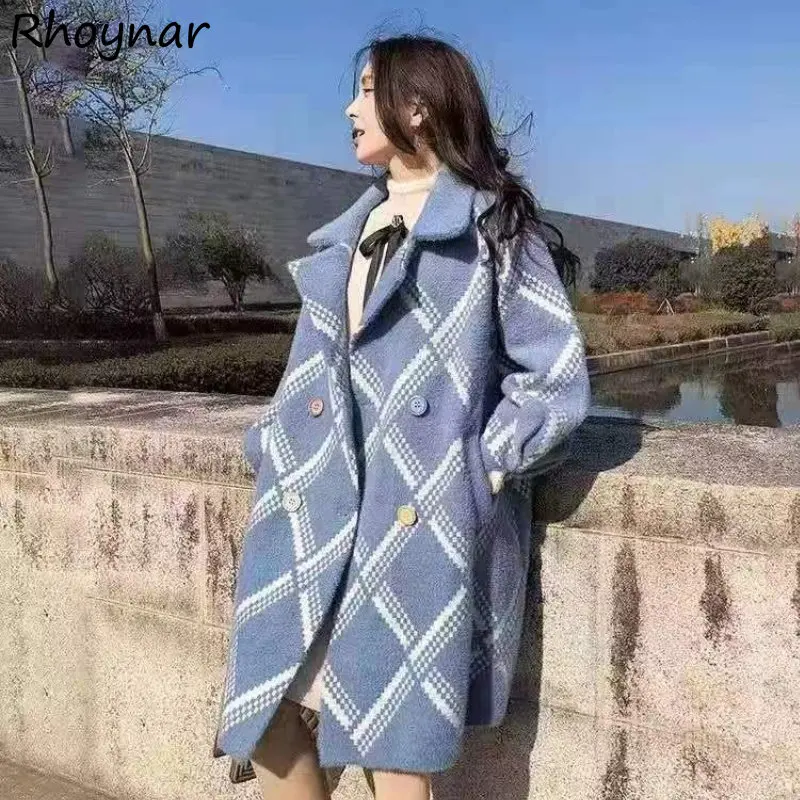 

Blends Coats Women Sweet Argyle Korean Fashion Clothes Baggy S-3XL Girlish Long Sleeve Preppy Panelled Temper Aesthetics Elegant
