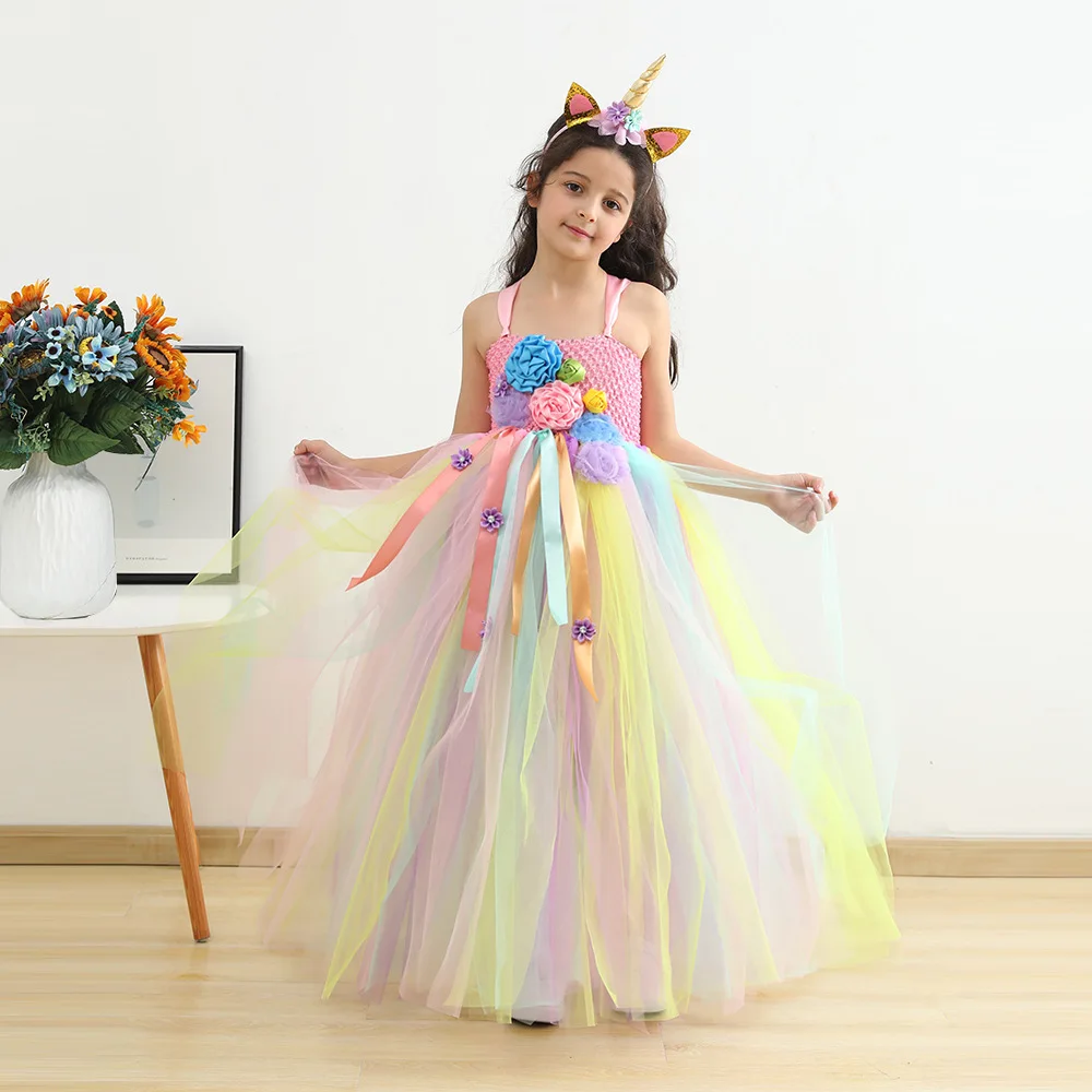 

Girl Dress Long Flower Tutu Dress For Kids Gauze Princess Dress Children Costume Halloween Birthday Party Outfits With Headband