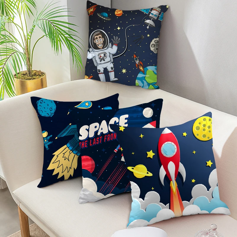 

Universe Space Theme Cushion Cover Cartoon Astronaut Rocket Spaceship Decorative Pillows Case for Sofa Home Kids Room Pillowcase