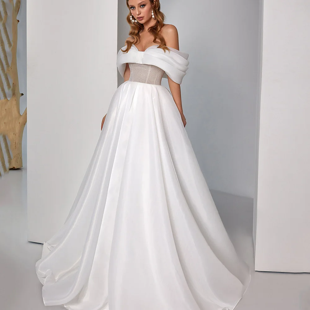 

Elegant Bride Gowns Zipper Backless V-Neck Short Sleeves Off The Shoulder Wedding Dresses Organza A-Line Vestido De Noiva