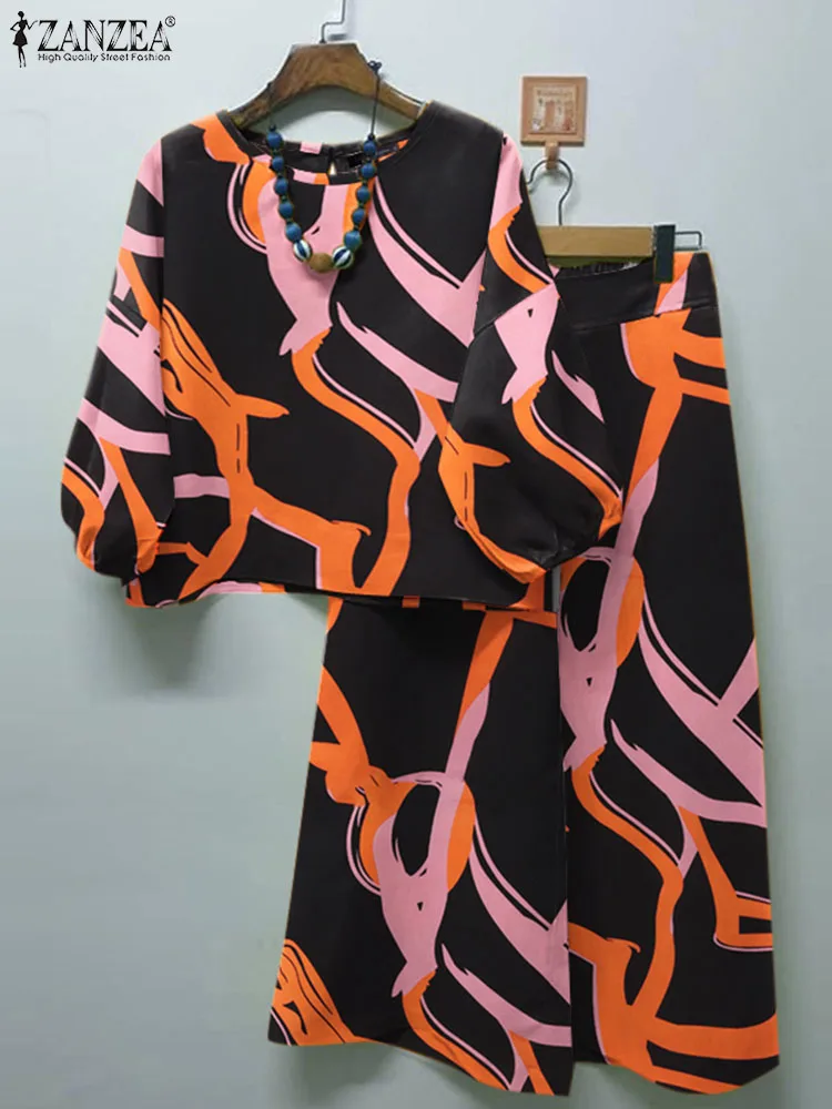 

2 шт., винтажная блузка с рукавом 3/4, широкие брюки, костюмы, ZANZEA, женские богемные комплекты с цветочным принтом, повседневный спортивный костюм для работы