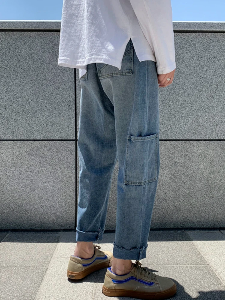 

Men Vintage Kpop Light Blue Jeans 2022 Mens Casual Streetwear Loose Harem Pants Male Oversized High Waisted Denim Pants Harajuku