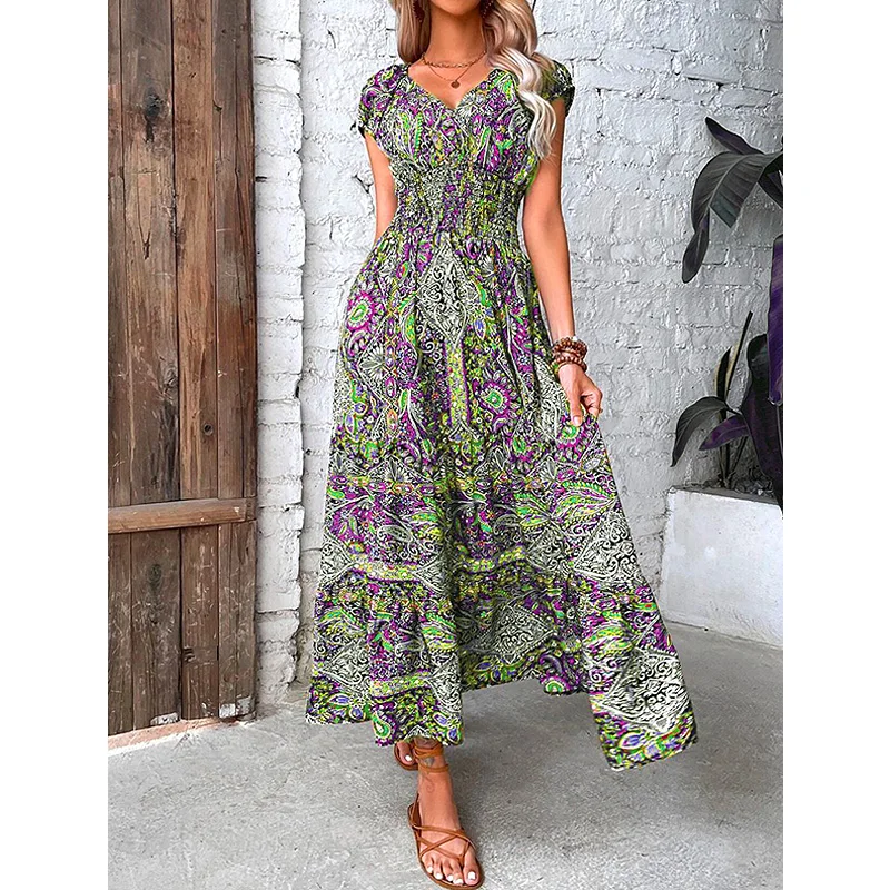 

Women Vintage Print Dresses Summer Casual V Neck Short Sleeve Elastic Waist Dress Female Boho Beach Big Swing Long Dresses