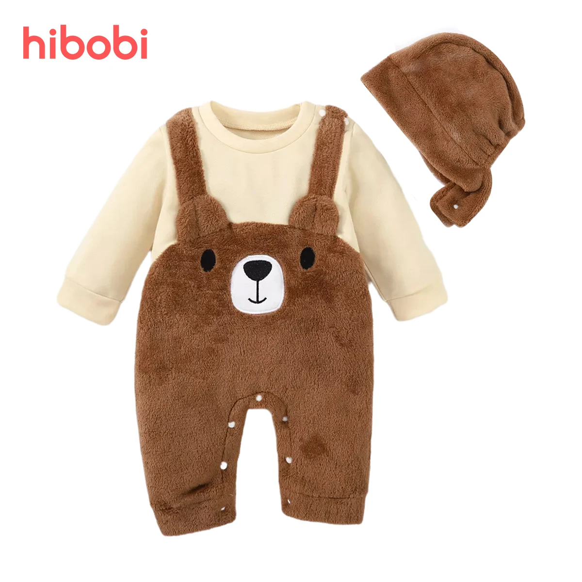 

hibobi 2-piece Baby Boy Clothes Set Bear Style Plush Fleece-lined Long-sleeved Romper & Hat Winter Warm Baby One Piece Outfit