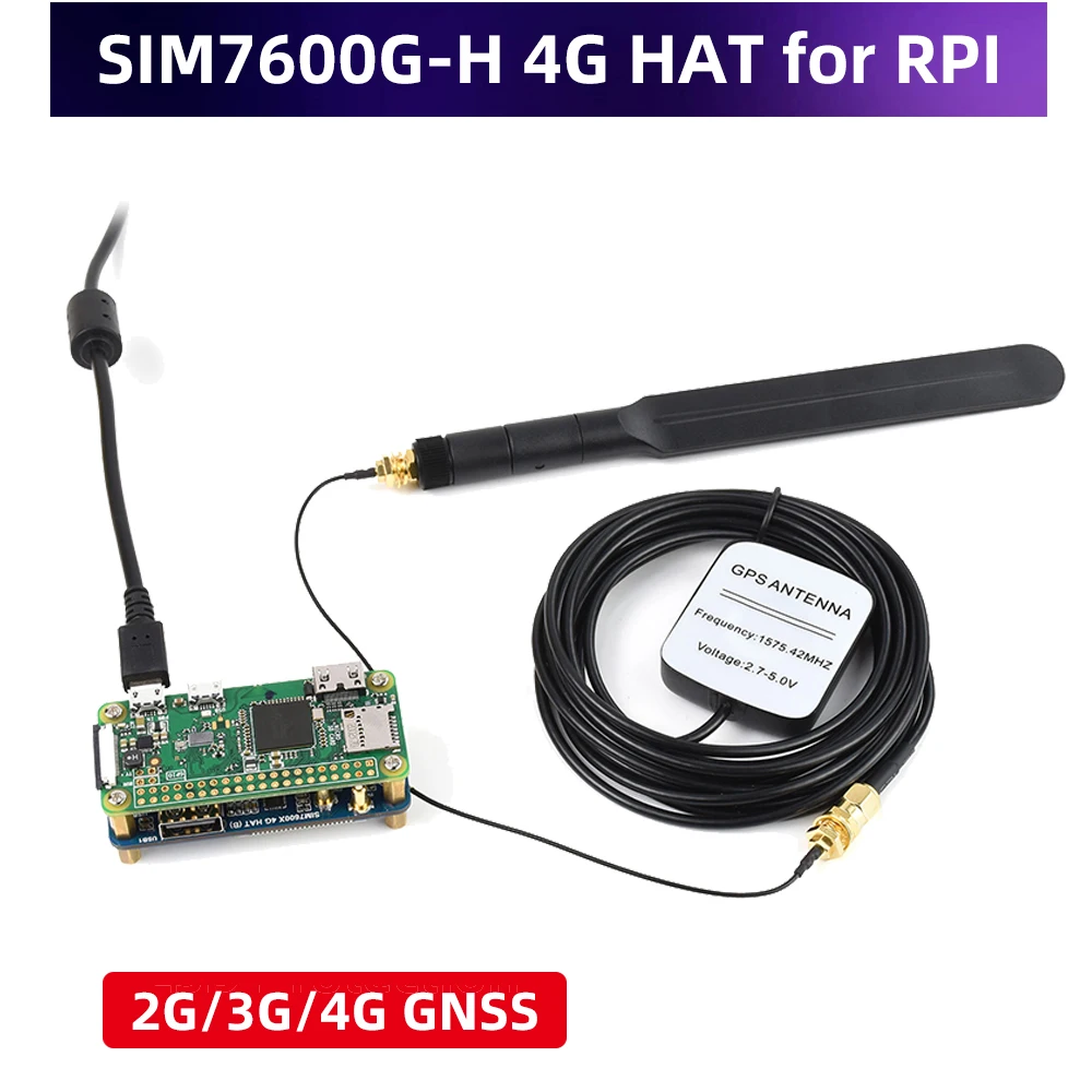 Фото SIM7600G-H 4G HAT (B) для Raspberry Pi 4 3 Zero LTE Cat-4 4G 3G 2G с поддержкой GNSS-позиционирования и глобального диапазона через Micro USB Pogo Pin №1