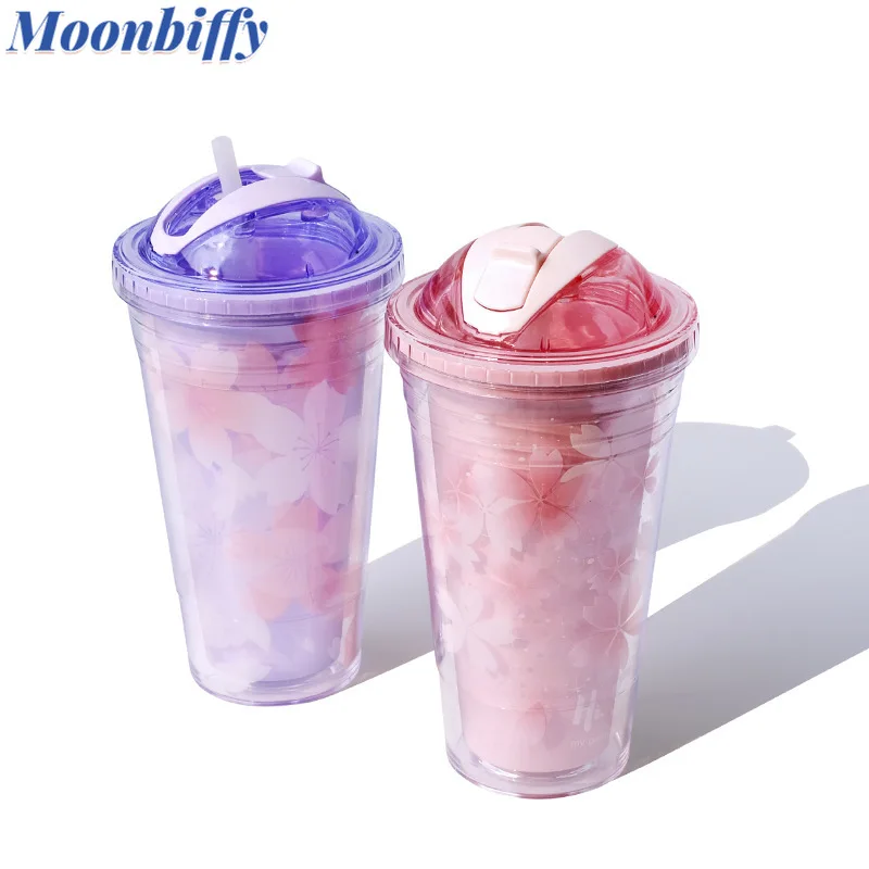 

Cherry Blossom Theme Straw Cup Plastic Water Cup Double-layer Thermos Cup Cartoon Fruit Student Creative Water Bottle with Straw