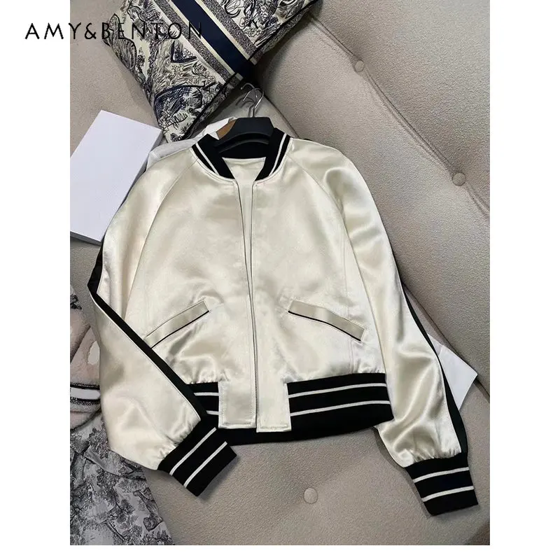 

European 2023 Spring New Fashion Color Contrast Popular Baseball Uniform Jacket Striped Casual Sports Overcoat Women Top Jackets